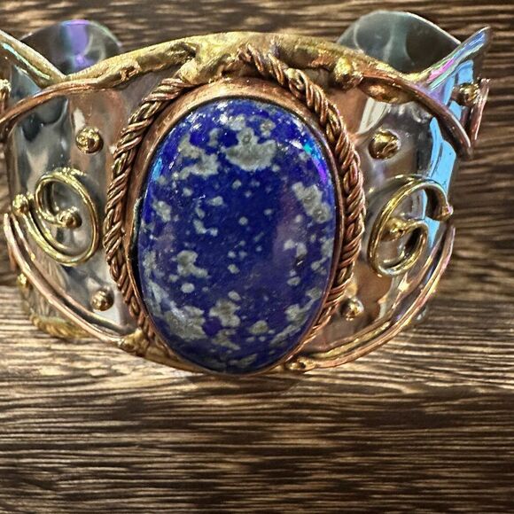 Artisan 2-Inch Wide Lapis Lazuli Cuff Bracelet, Adjustable‎ Mixed Metals, Gift R - Picture 8 of 13